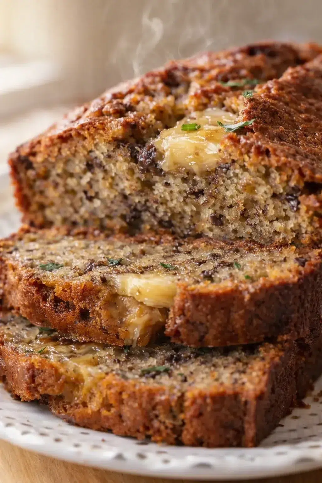 steaming banana bread loaf slice with moist crumb and melted center on plate