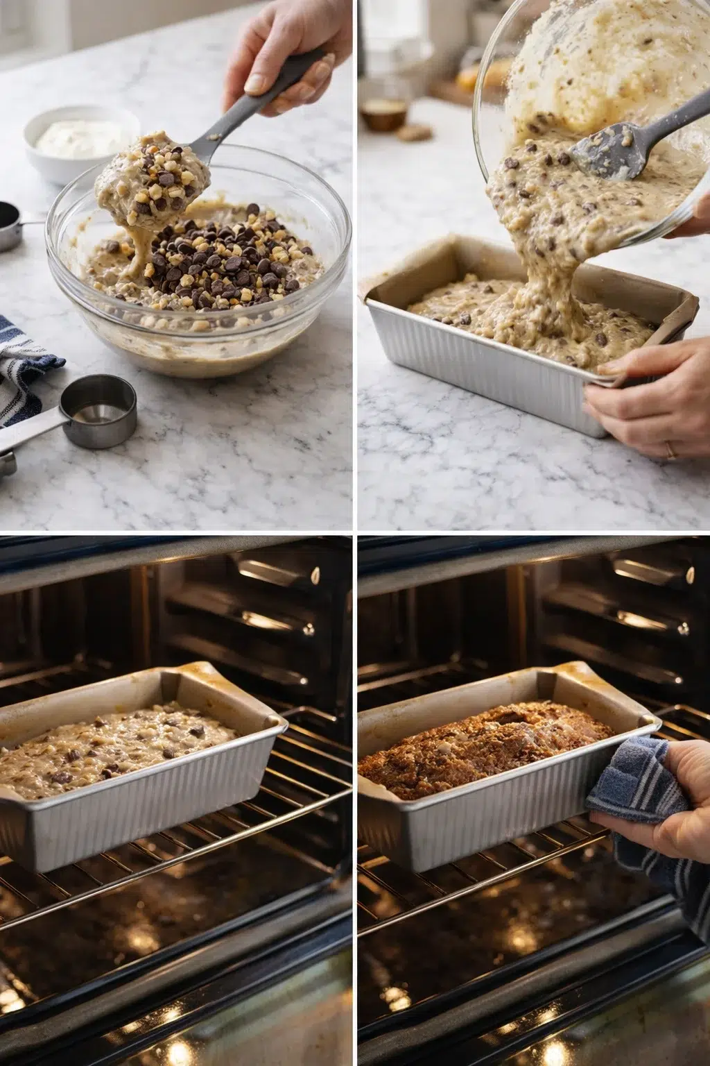 A four-panel collage showing batter being mixed with chips and nuts, poured into a loaf pan, and baked.