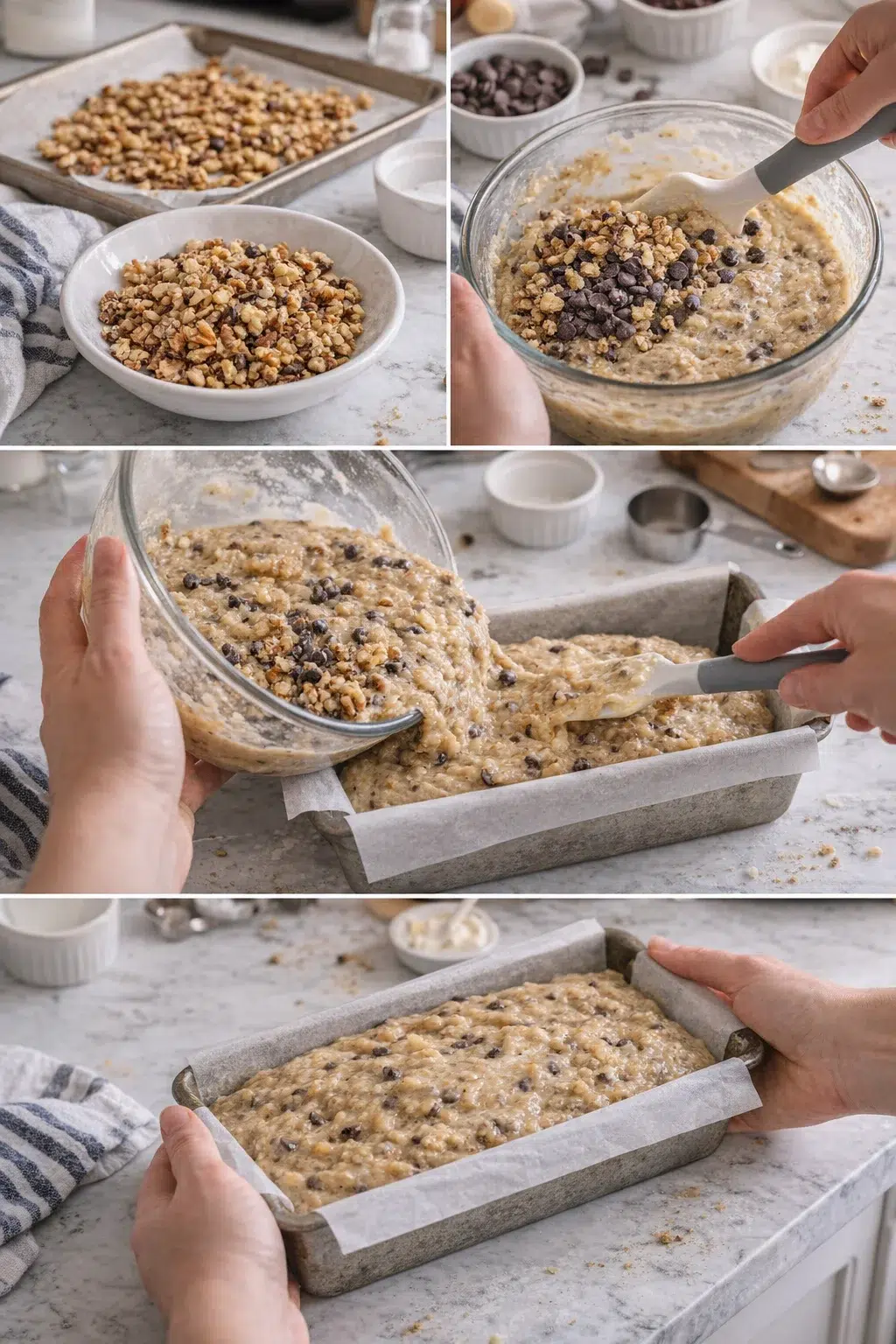 collage showing toasted nuts, batter with chocolate chips, and batter poured into a parchment-lined loaf pan