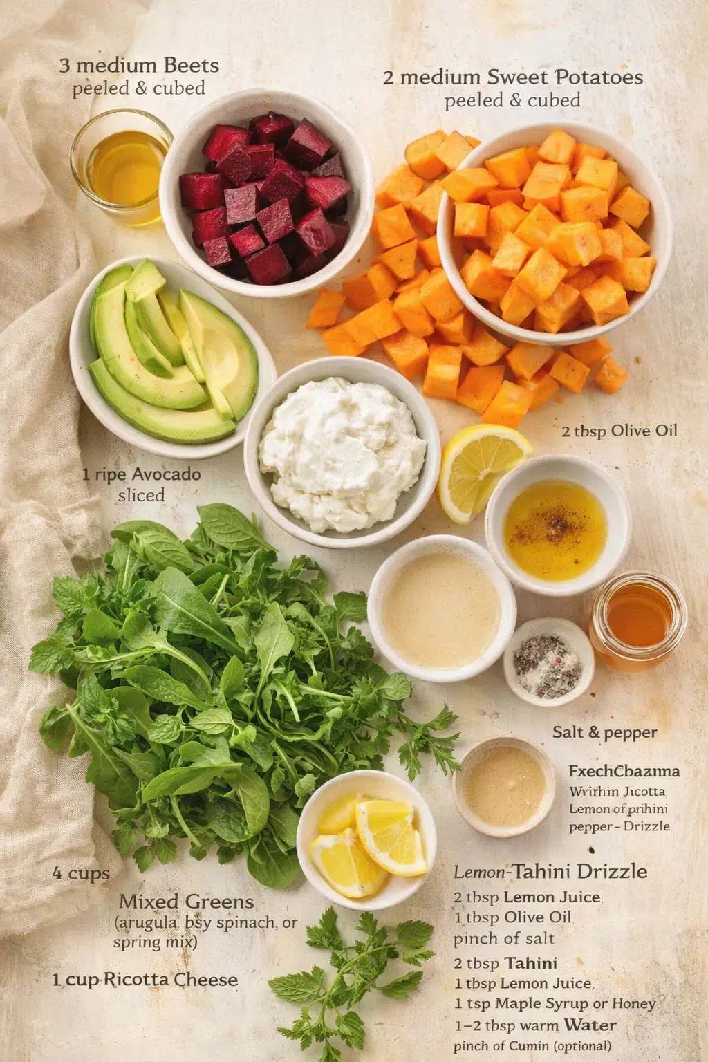 Overhead view of chopped beets, sweet potatoes, avocado, greens and sauces on a wooden board