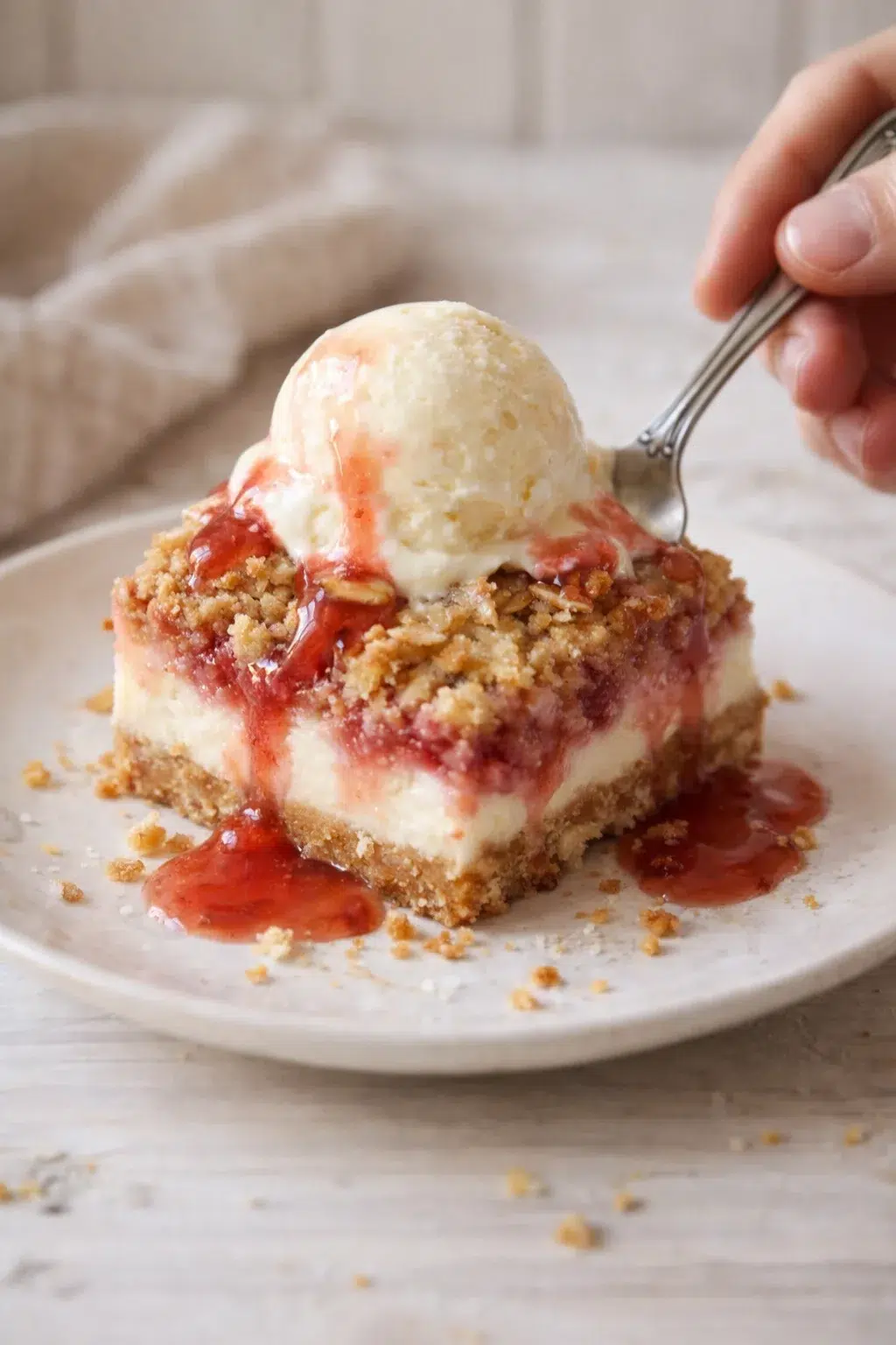 Slice of cheesecake with berry sauce, crumb topping, and vanilla ice cream on top.