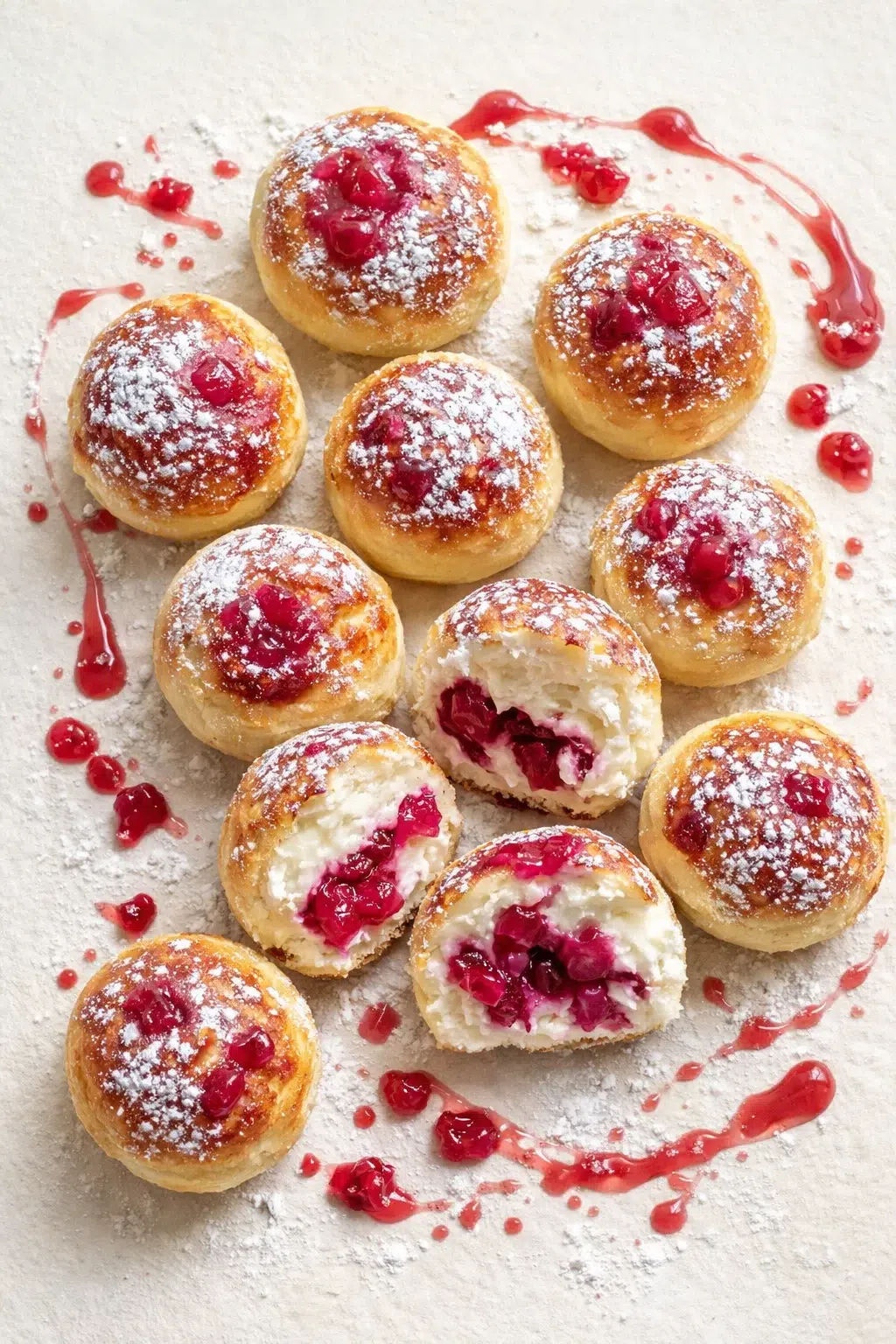 Round pastries with powdered sugar, red berry filling, and cream, arranged on a light surface.