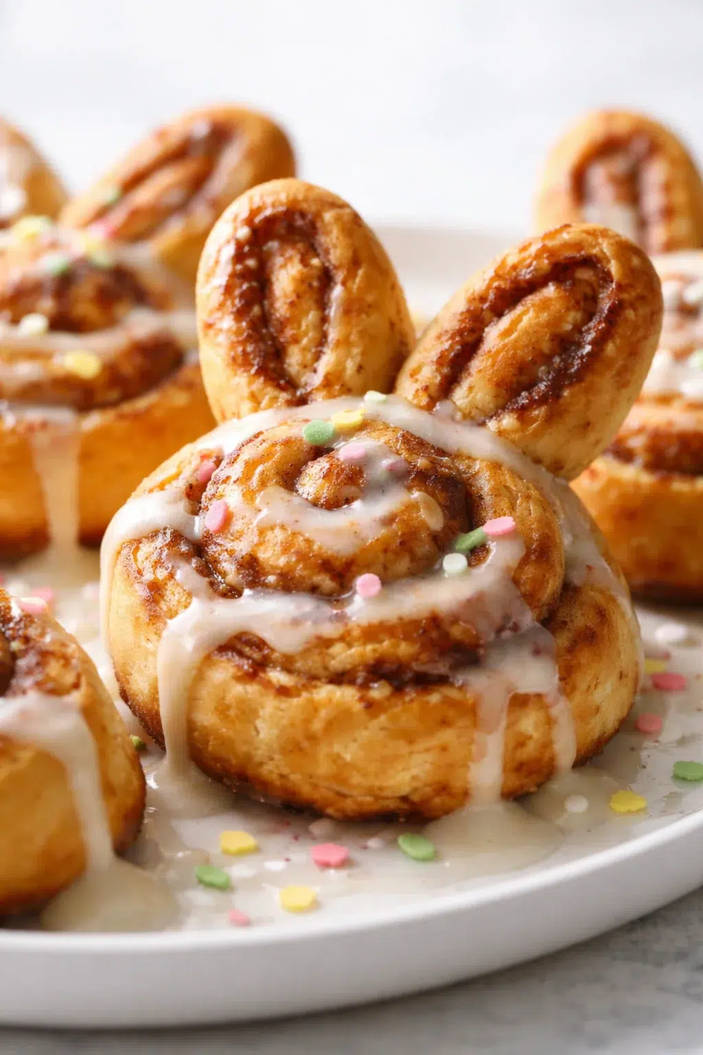 Close-up of bunny-ear cinnamon rolls with white glaze and pastel sprinkles on a white plate.