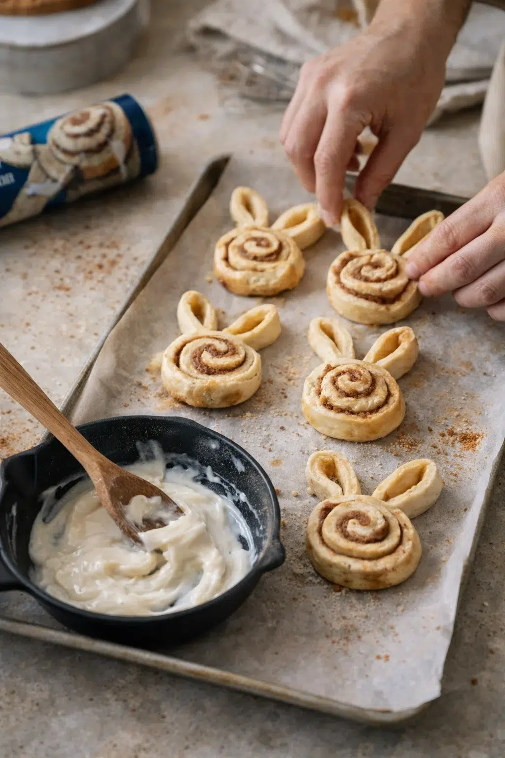 Hands shaping bunny-ear cinnamon-rolls on parchment-lined tray with frosting in foreground.
