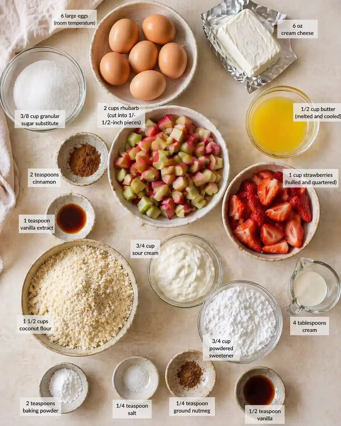Measured ingredients arranged for Easy Keto Rhubarb Bread - Homefoodkitchen: 6 large eggs (at room temperature, about 70°F), 6 oz cream cheese (I usually use Philadelphia), 1/2 cup butter (melted and cooled), 3/8 cup gra