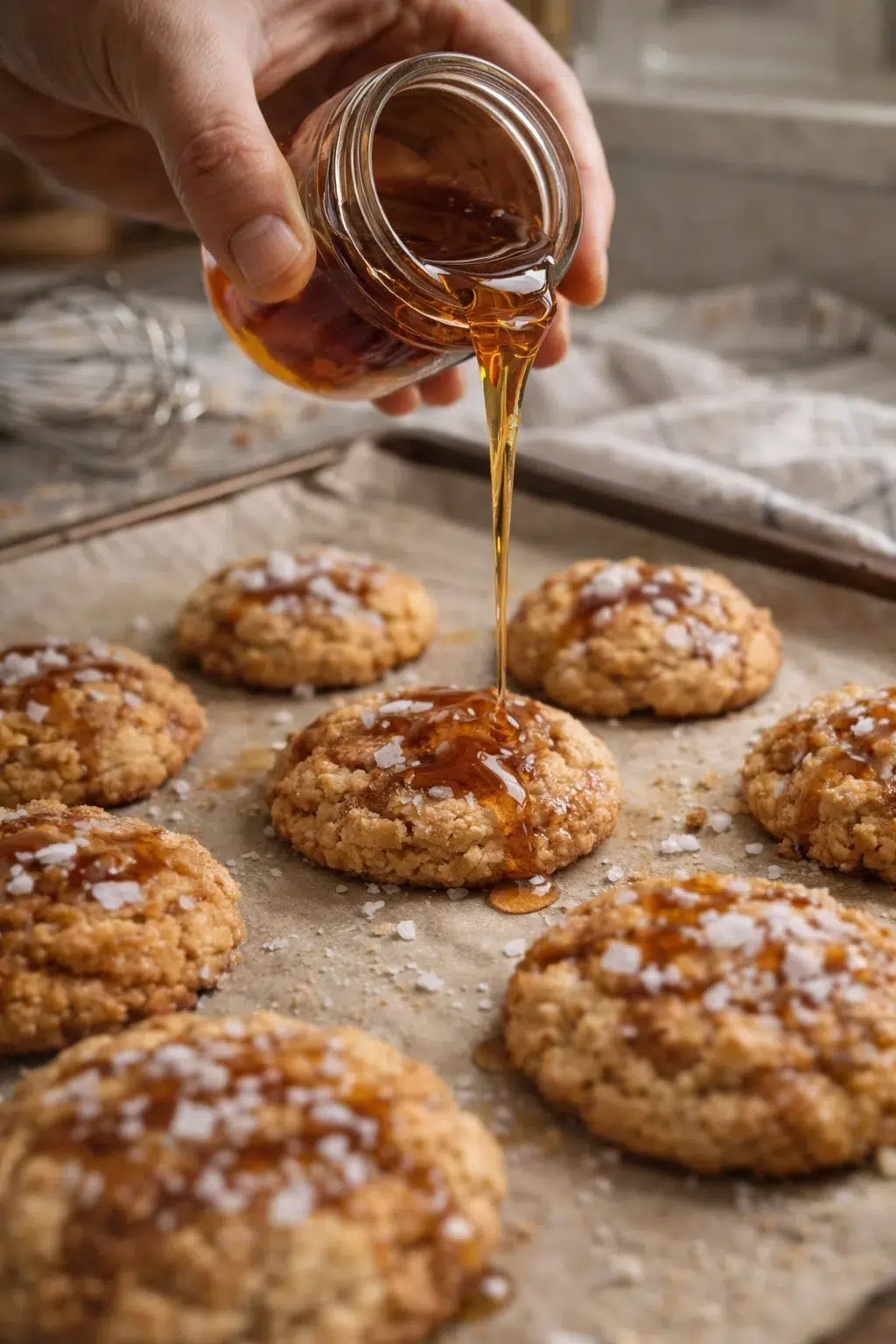 Close-up of caramel being poured onto salted oatmeal cookies on parchment