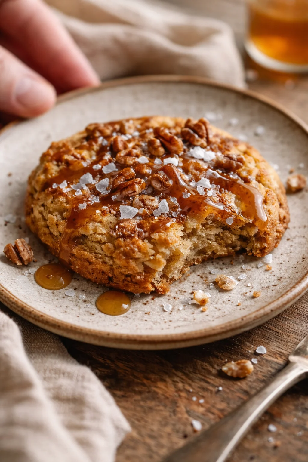 close-up of caramel-drizzled pecan cake slice on a beige plate with a hand nearby