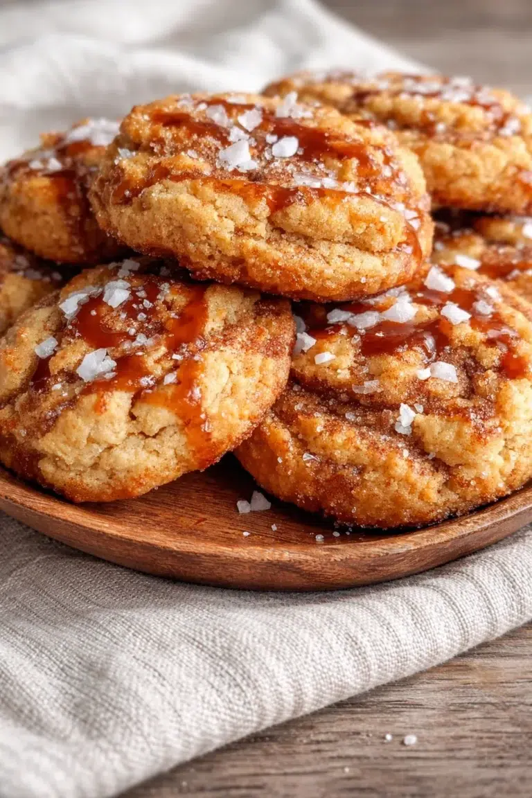 Stack of golden-brown cookies with caramel drizzle and flaky sea salt on a wooden plate.