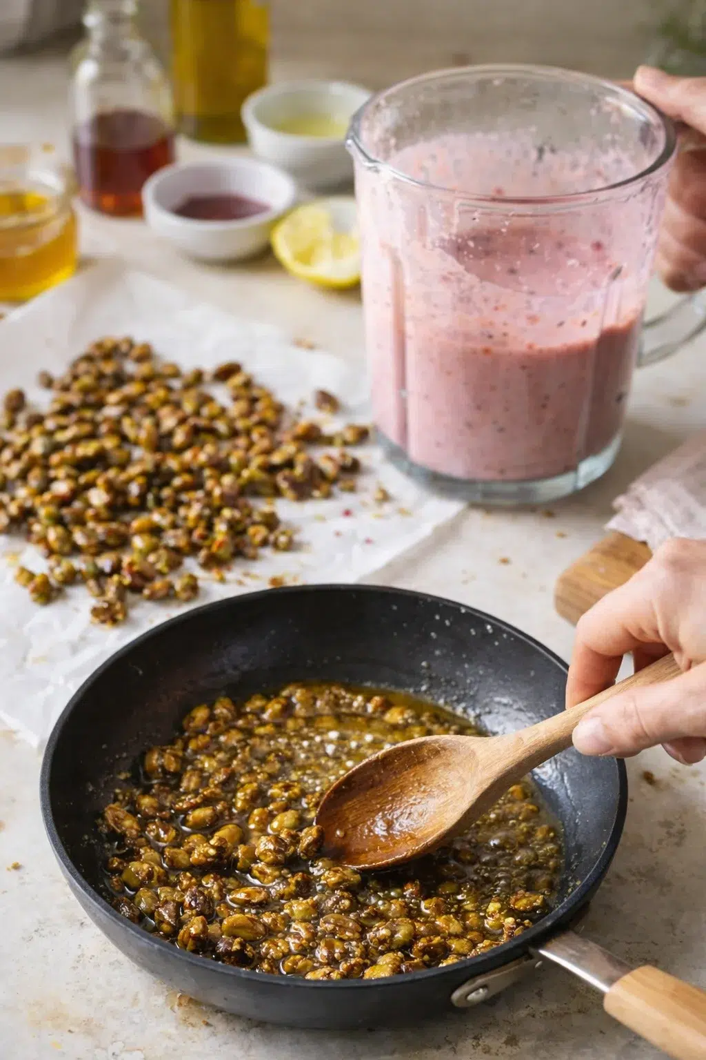 hand-stirred caramelized pistachios in a skillet with a pink smoothie blender nearby.
