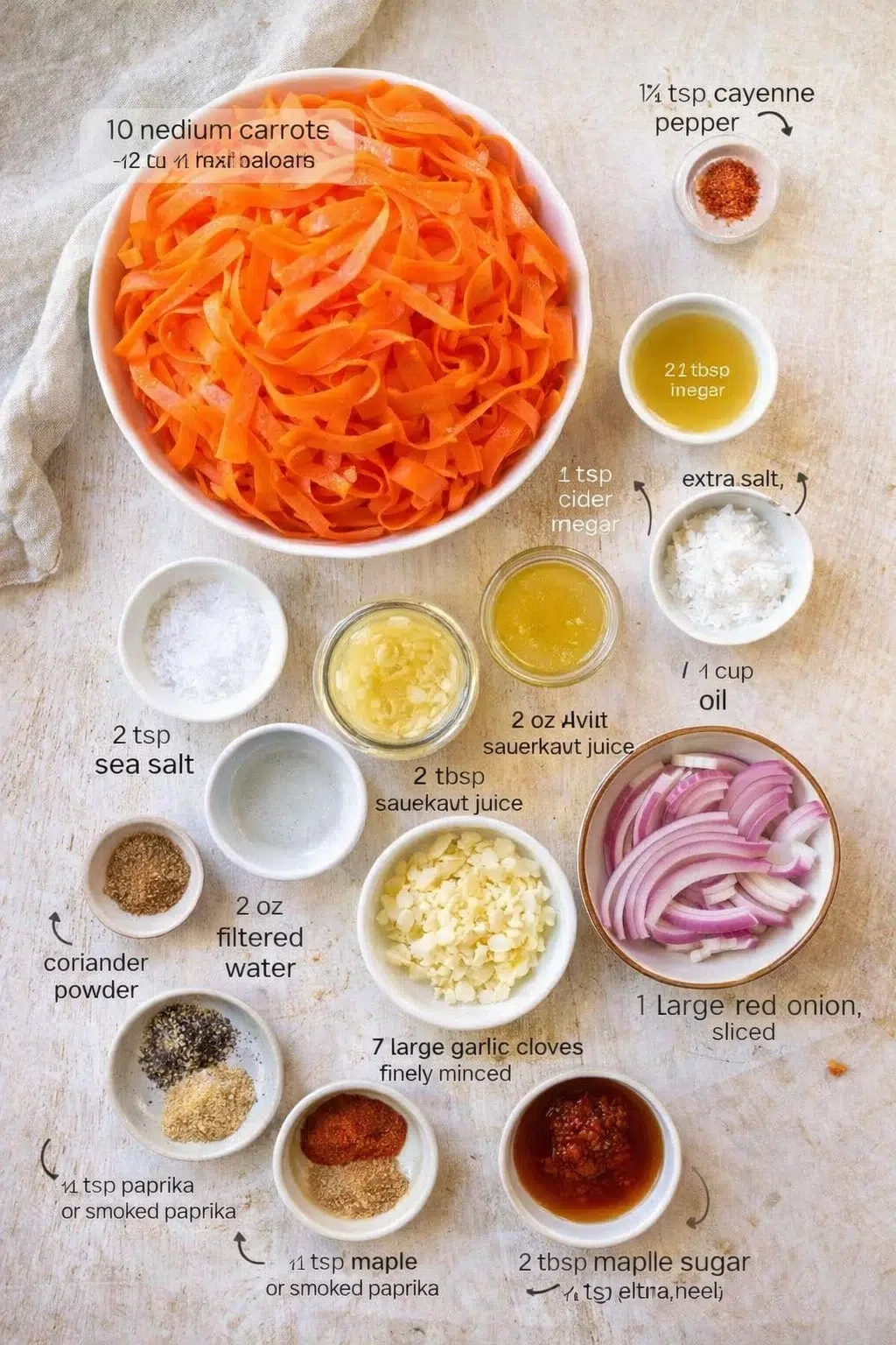 Overhead view of shredded carrot ribbons with labeled ingredients and measurements for a recipe infographic.