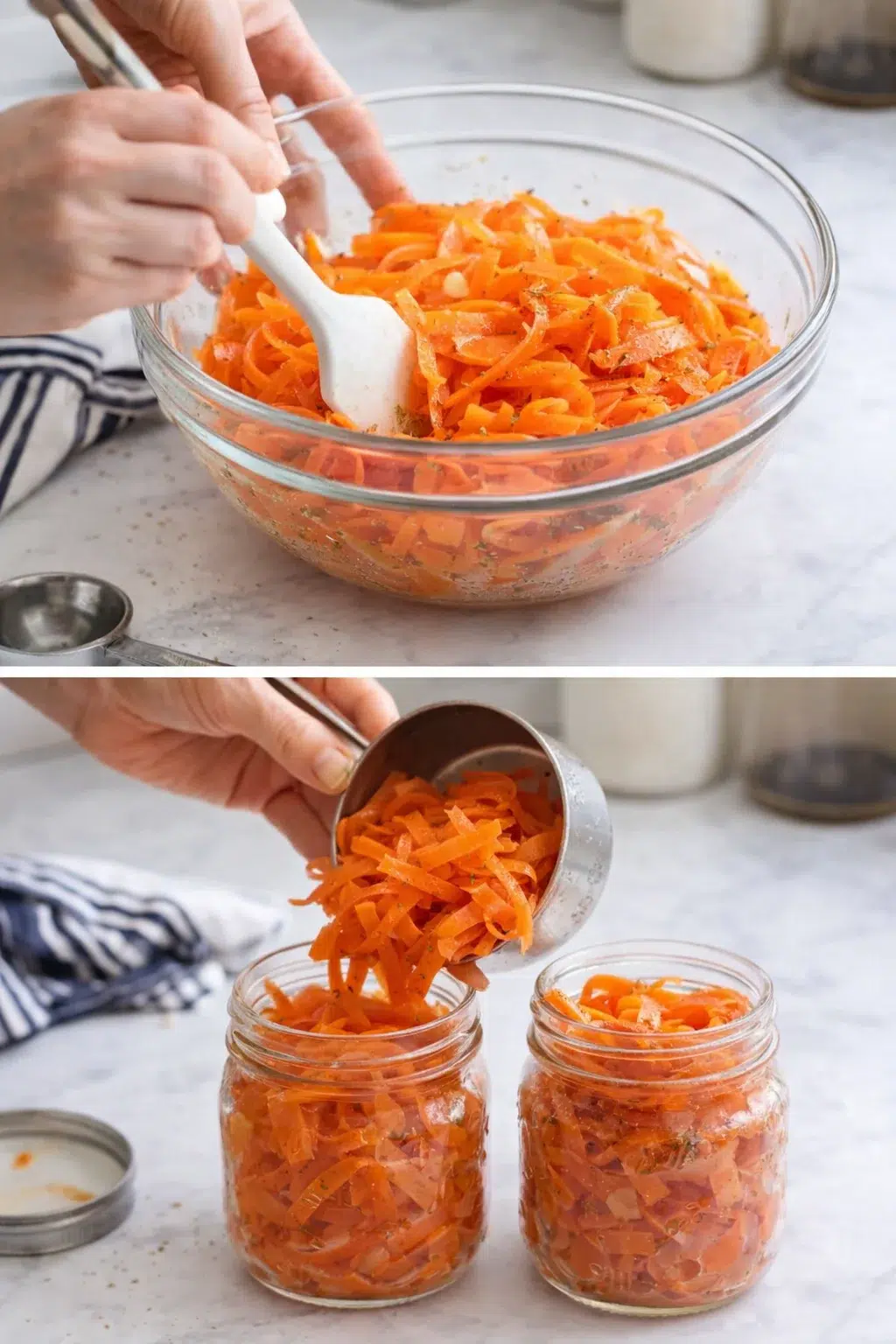 Hands mix orange carrot ribbons in a glass bowl; jars are filled in the second panel.