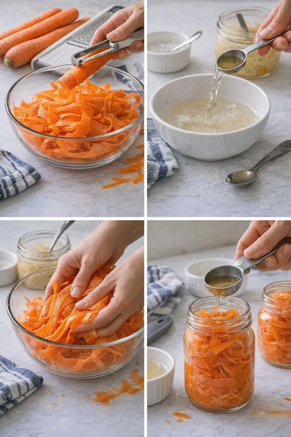 hands peeling and shredding carrots, brine being poured, and jars of carrot ribbons ready for pickling