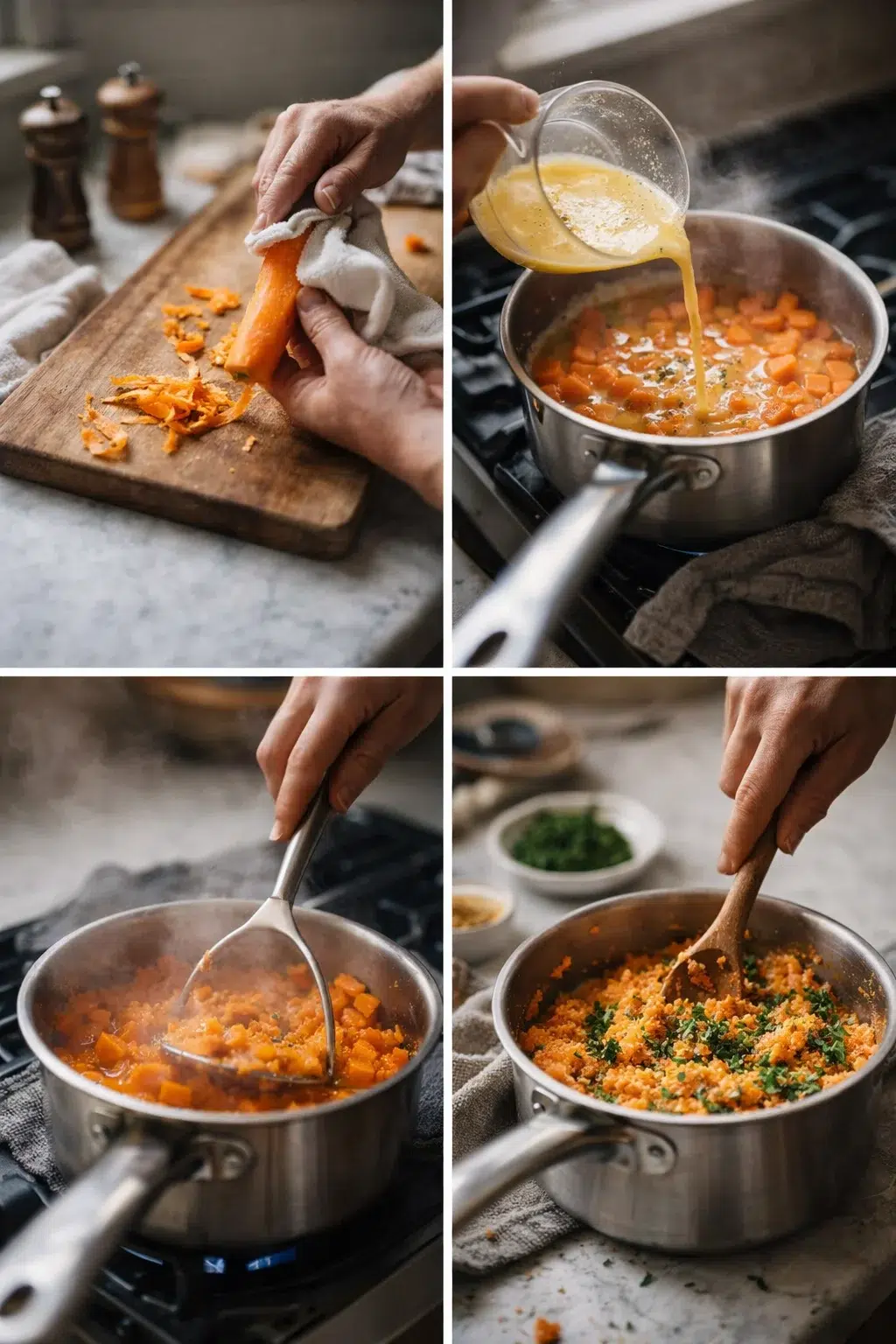 collage showing hands peeling carrots, pouring creamy sauce into a carrot-based pot, and stirring with a spoon.