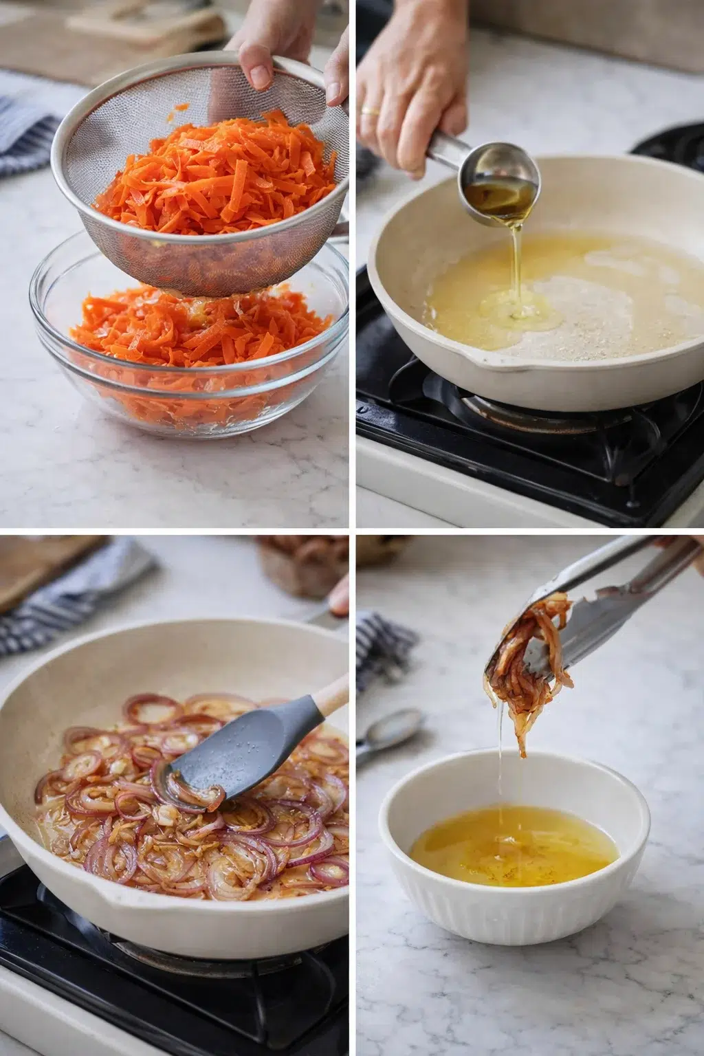 collage shows shredded carrots in a sieve, oil poured into pan, onions sautéing, and onions being lifted.