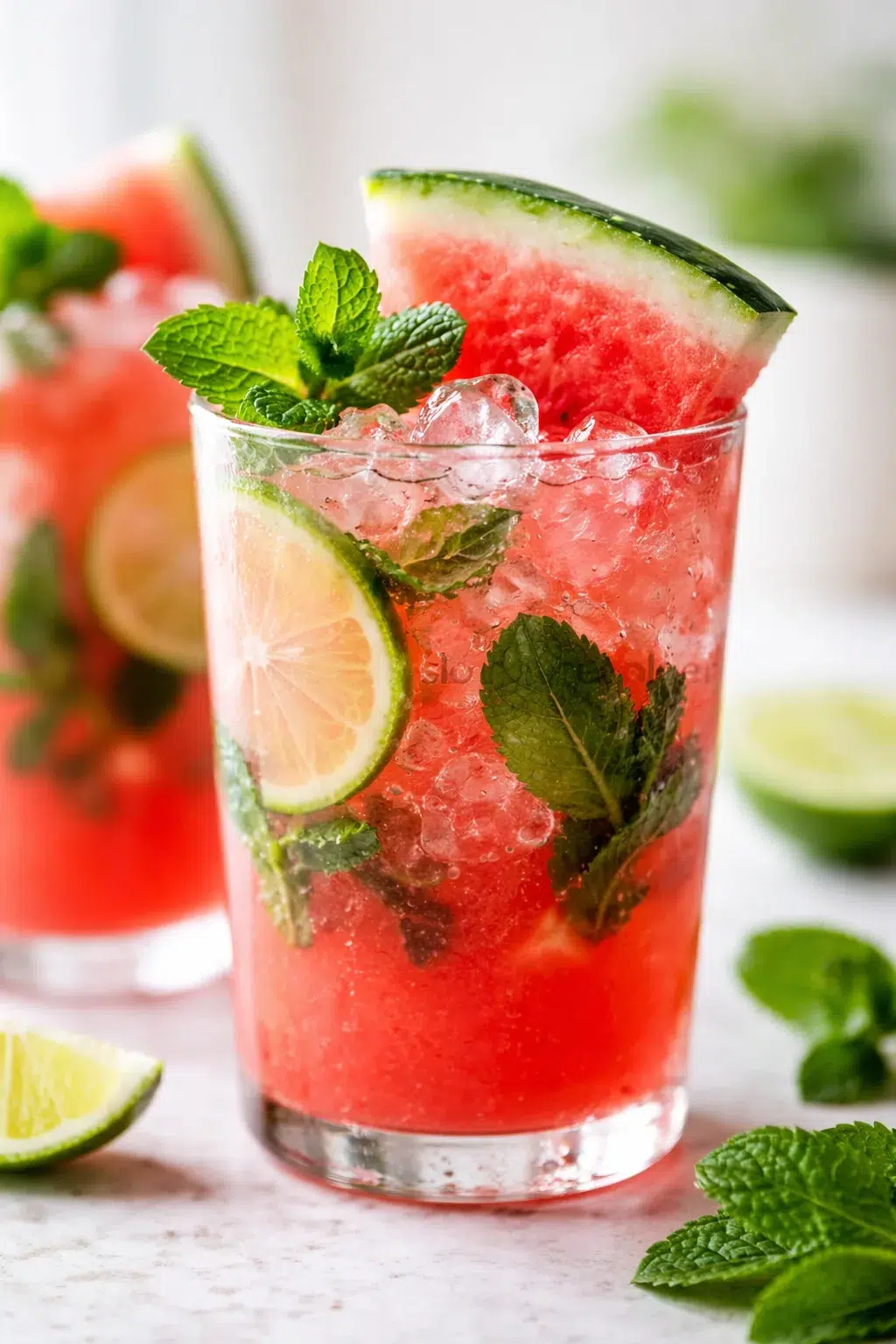 Tight detail shot of Watermelon Mint Mojito Mocktail highlighting texture