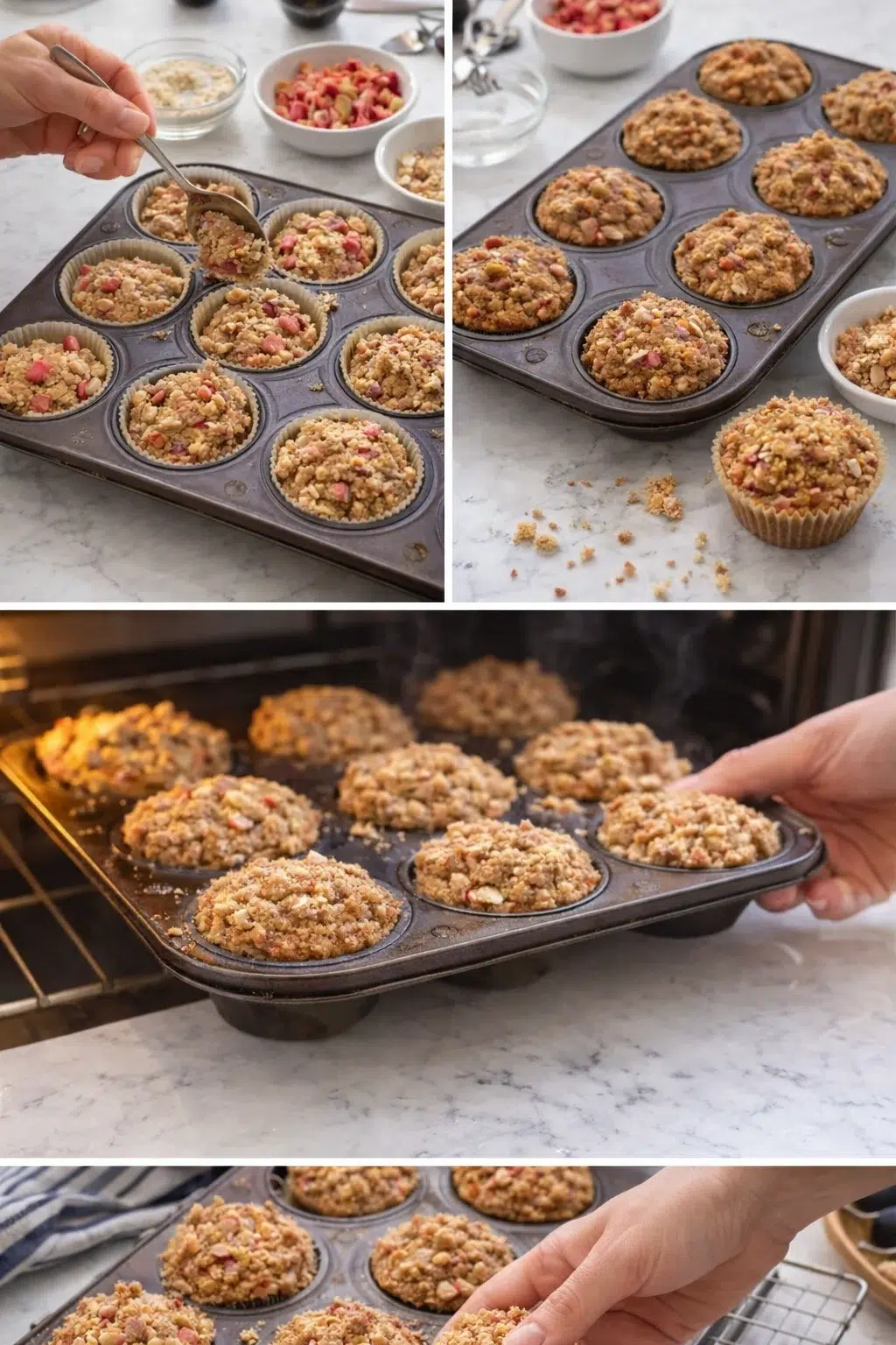 Muffin tin filled with batter, topped with reserved rhubarb and cinnamon streusel before baking
