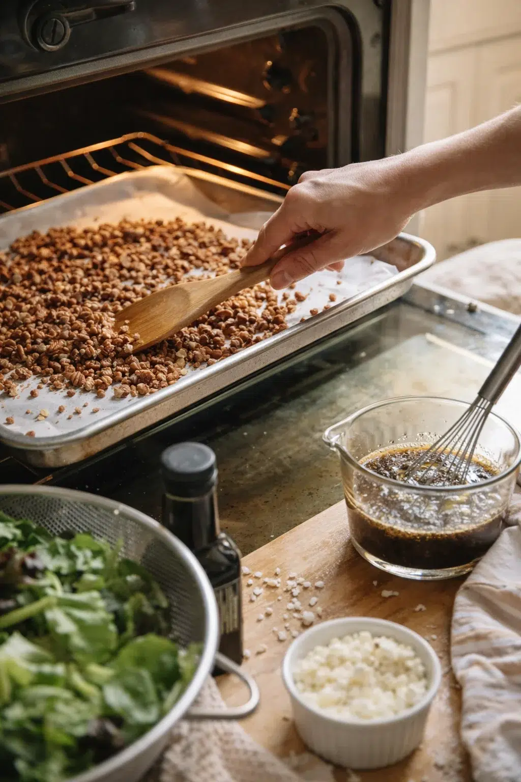 Toasted pecans cooling on a baking sheet beside a bowl of whisked vinaigrette and dried mixed greens