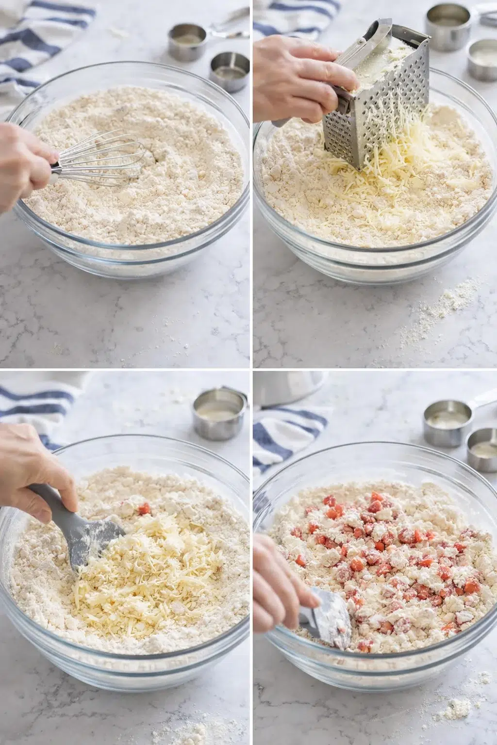 Four-panel collage showing flour in a glass bowl, cheese being grated, mixing, and adding chopped tomatoes.