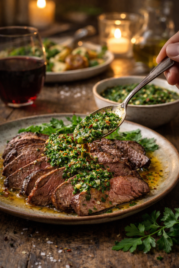 Chimichurri sauce being spooned over grilled steak close up