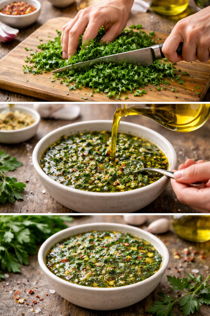Fresh chimichurri sauce ready to serve in bowl