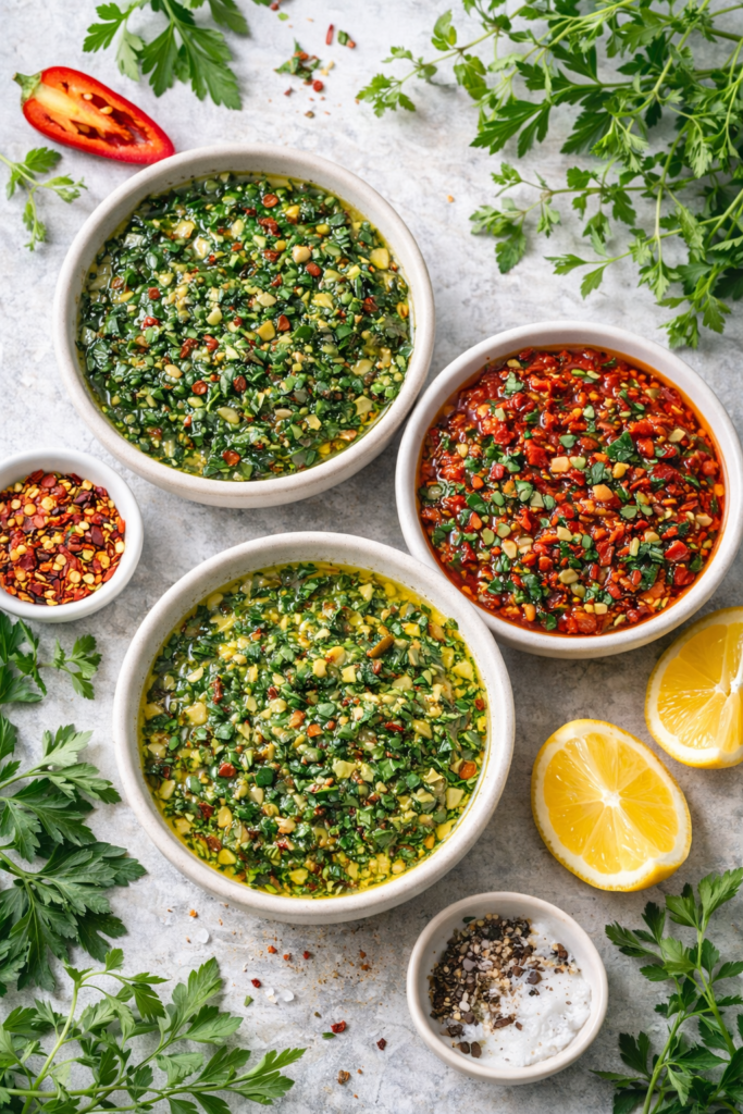 Three variations of chimichurri sauce classic spicy and lemon
