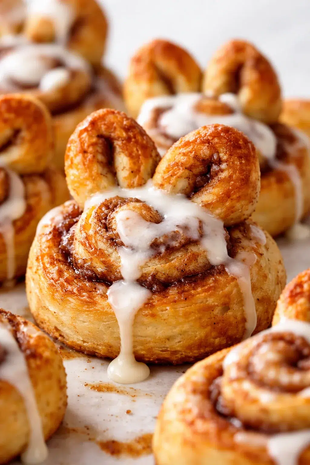 Close-up of golden brown cinnamon rolls with white icing drips on parchment.