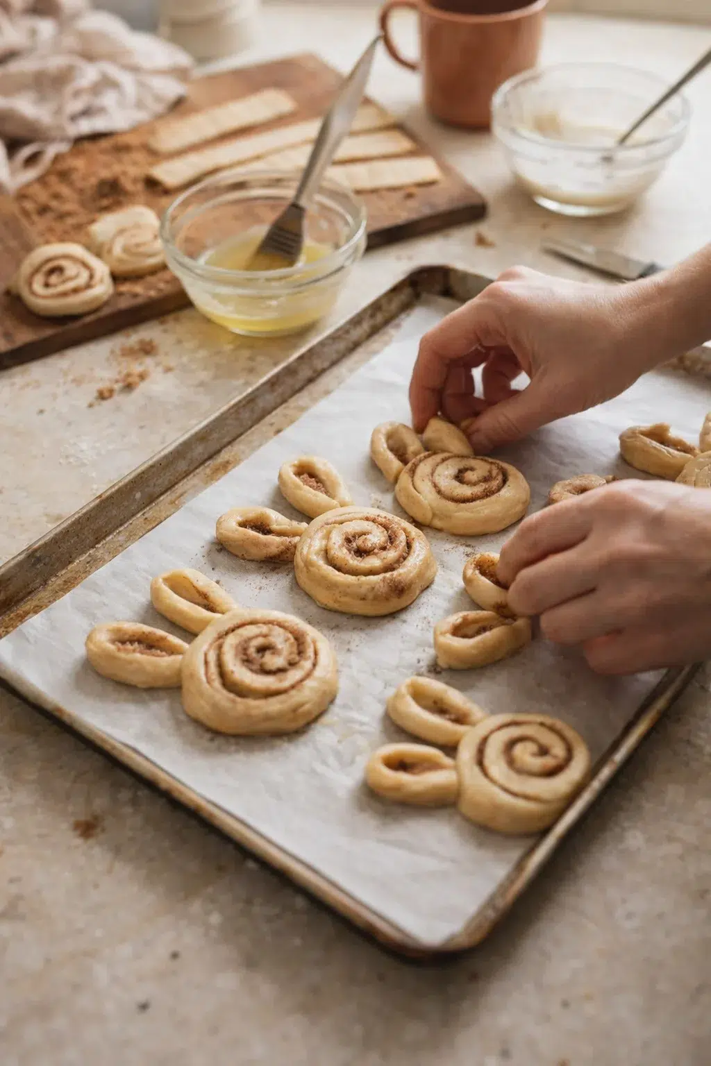 Hands place cinnamon-swirl pastries on parchment-lined baking sheet in a rustic kitchen.