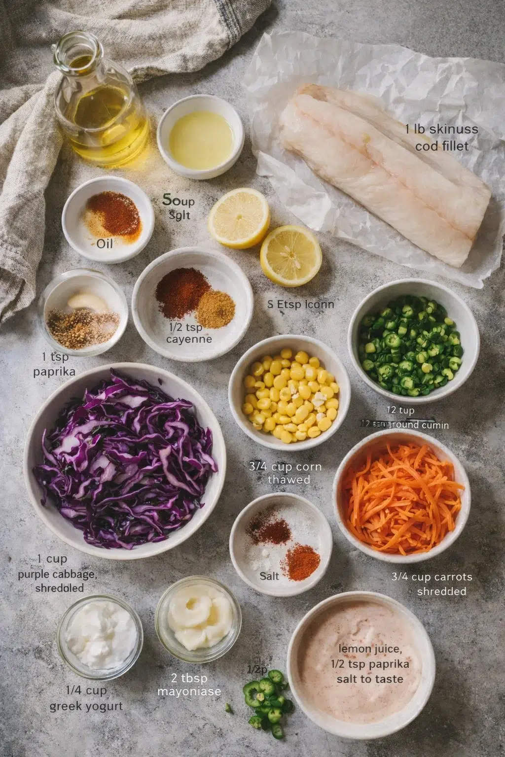 Overhead shot of a cod fillet with lemon, vegetables, and spices arranged on a gray countertop