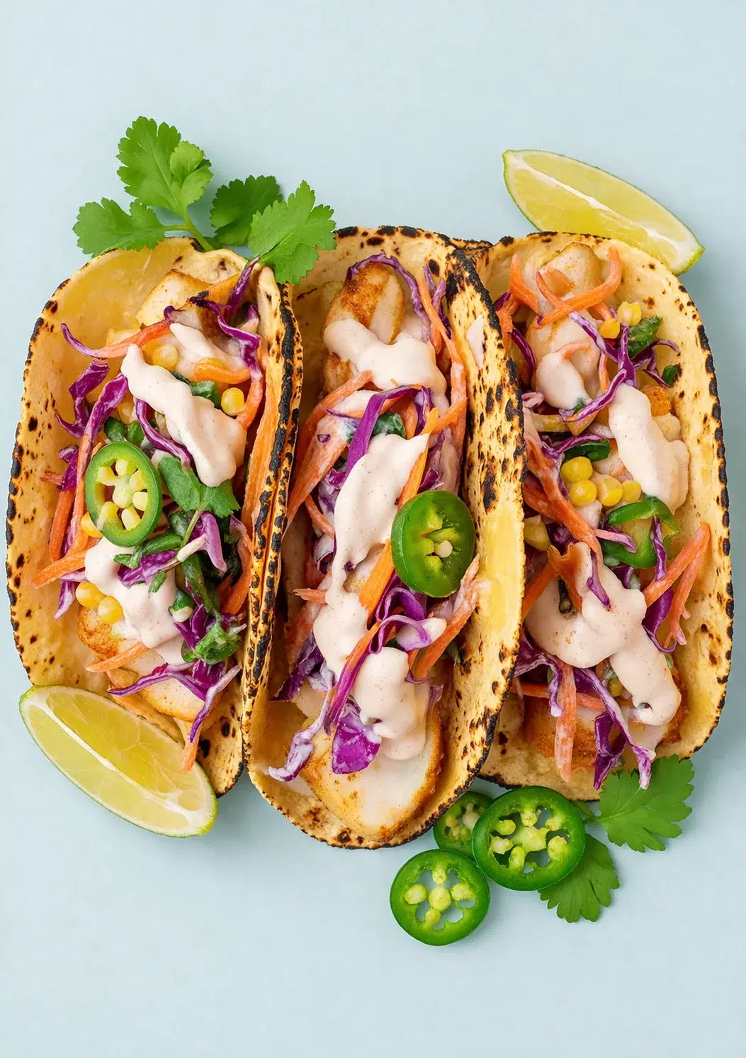 three grilled fish tacos with colorful slaw and creamy sauce on a blue background