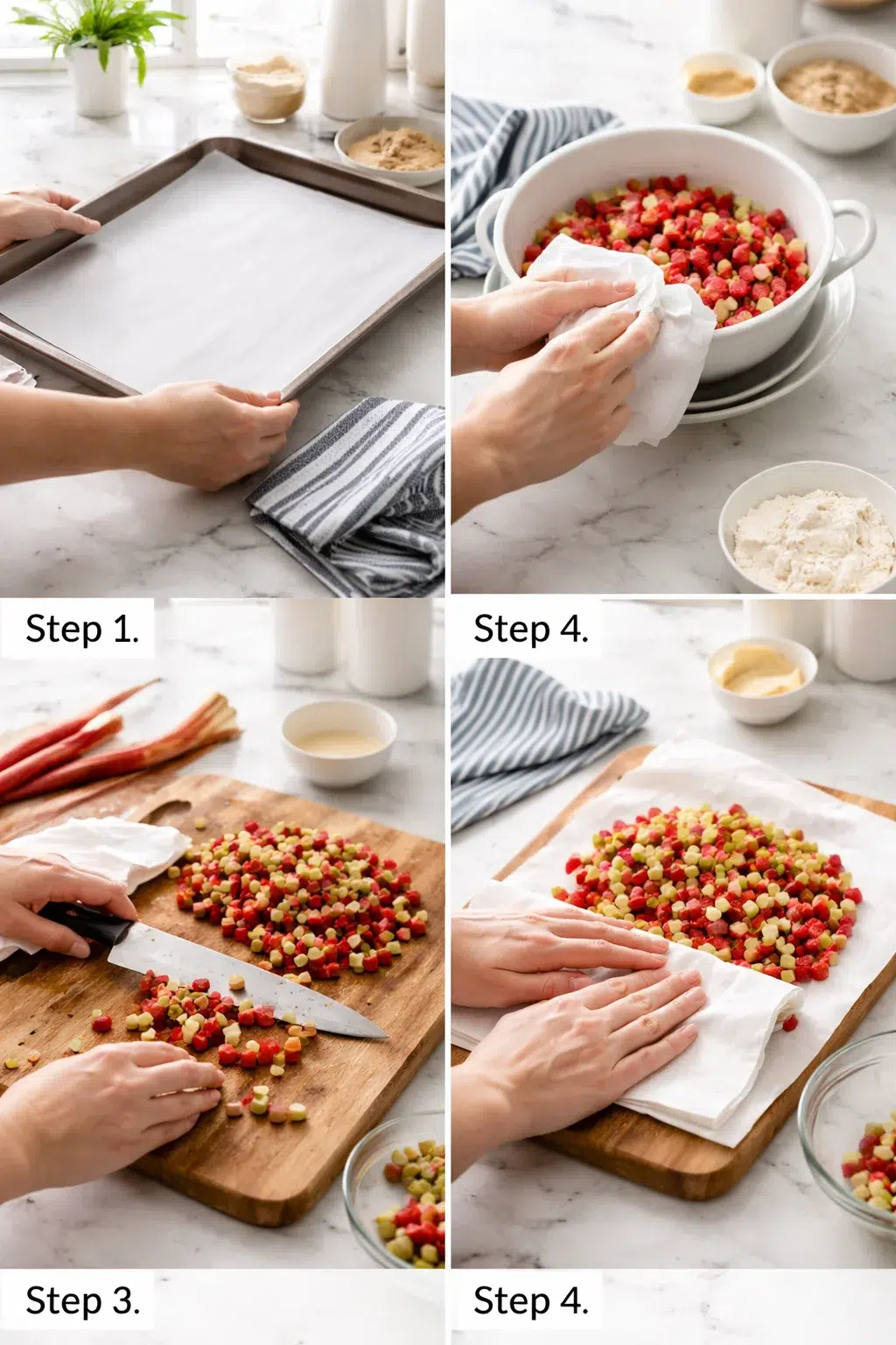 Collage of four steps: lining a tray, mixing colorful fruit cubes, chopping them, and pressing onto parchment.