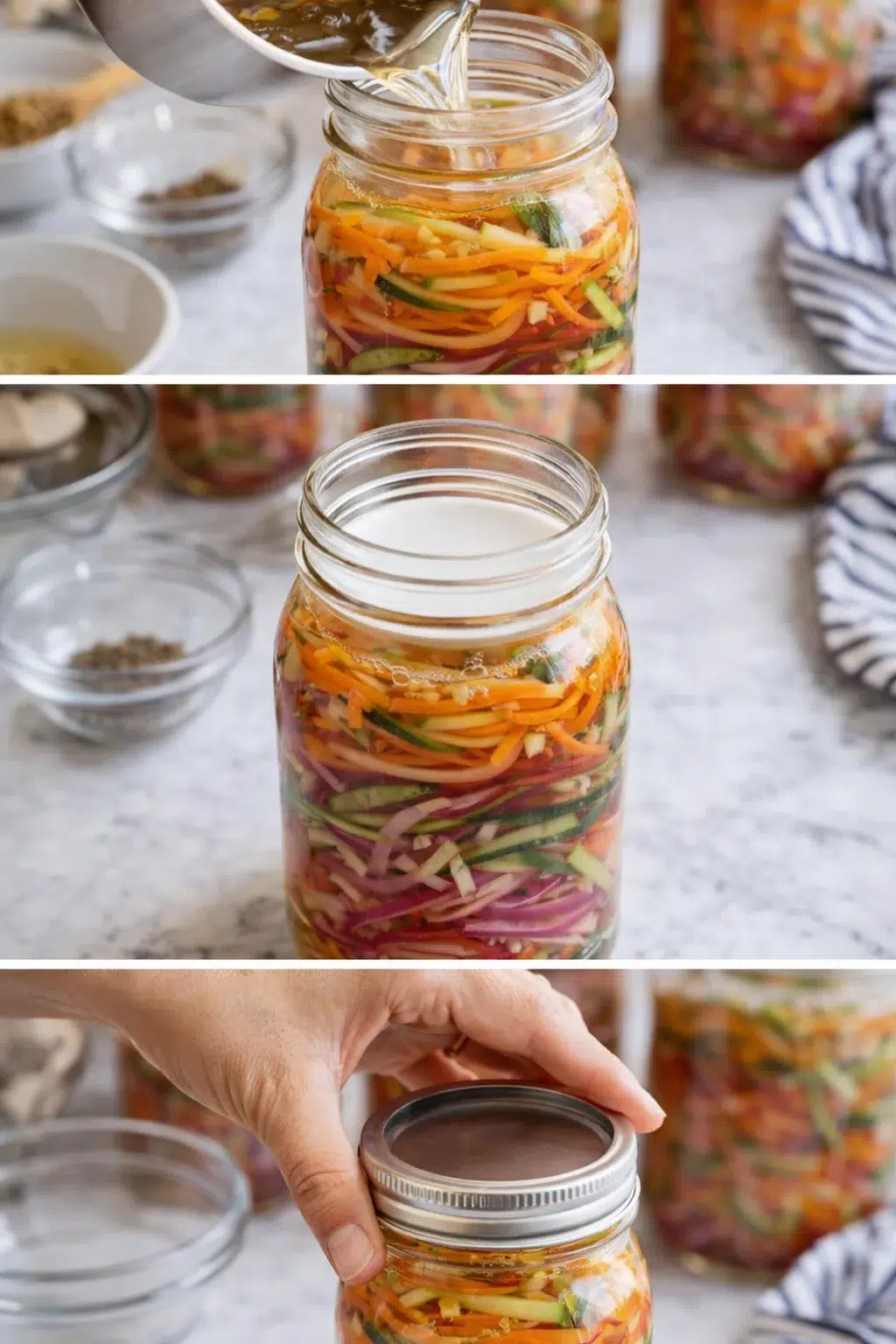 Jar of colorful shredded vegetables being brined; hand adds lid in kitchen.