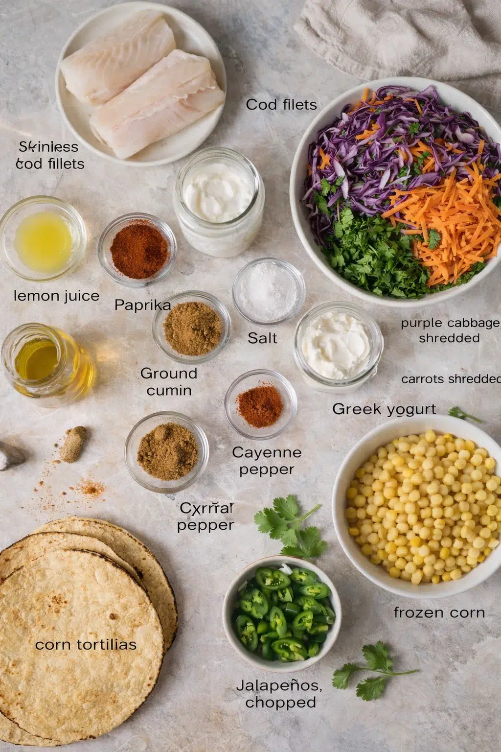 Top-down view of organized fish-taco ingredients with labeled items on a light surface.