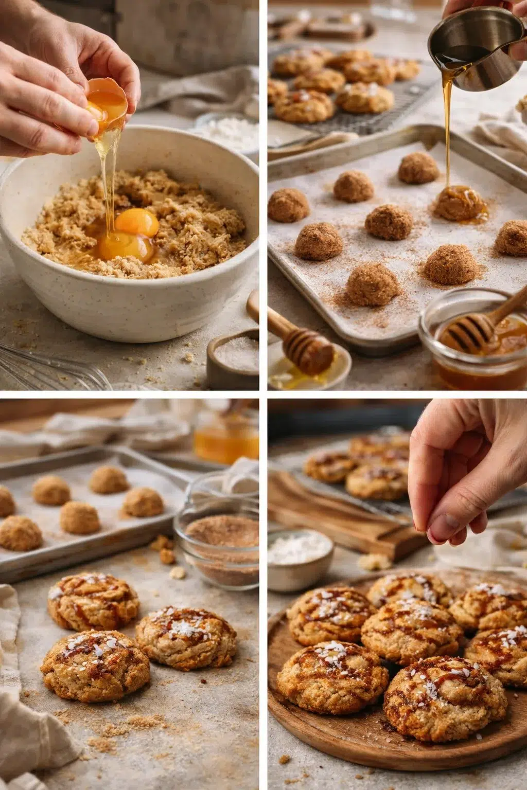 Collage showing cookie-making steps: eggs into dough, honey-drenched dough balls, and baked cookies.