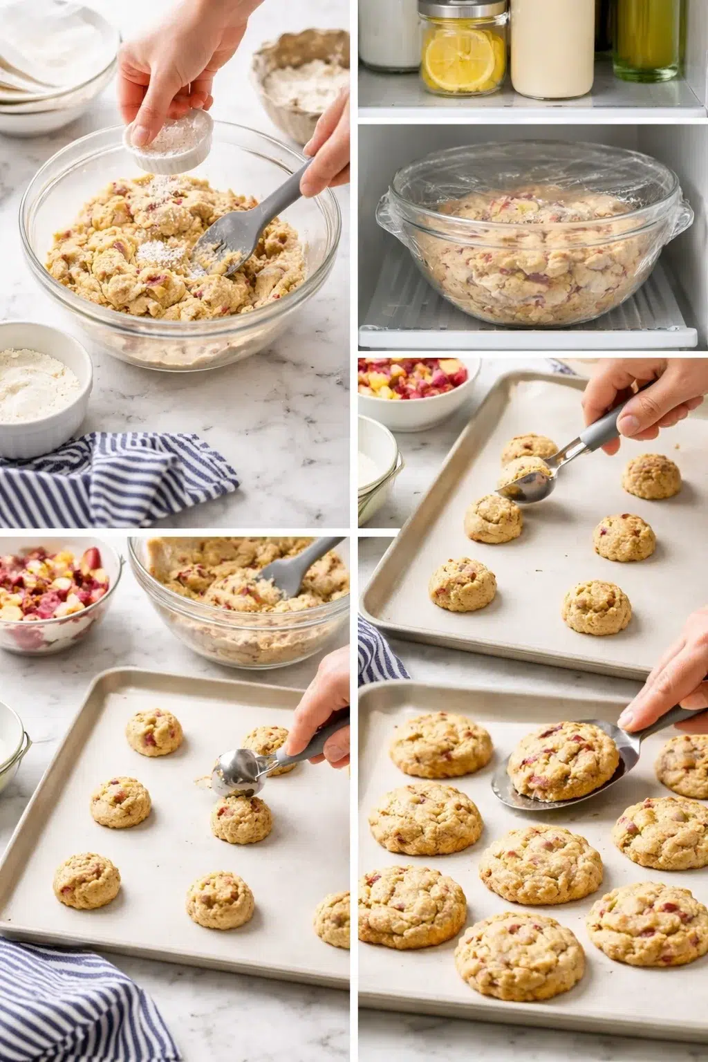 Collage showing cranberry-filled cookie-dough preparation, chilling, portioning, and baking on a parchment-lined sheet.