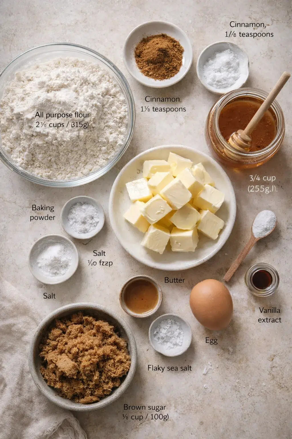 Overhead view of baking ingredients arranged on a light countertop, including flour, butter, brown sugar, eggs, spices, and vanilla.