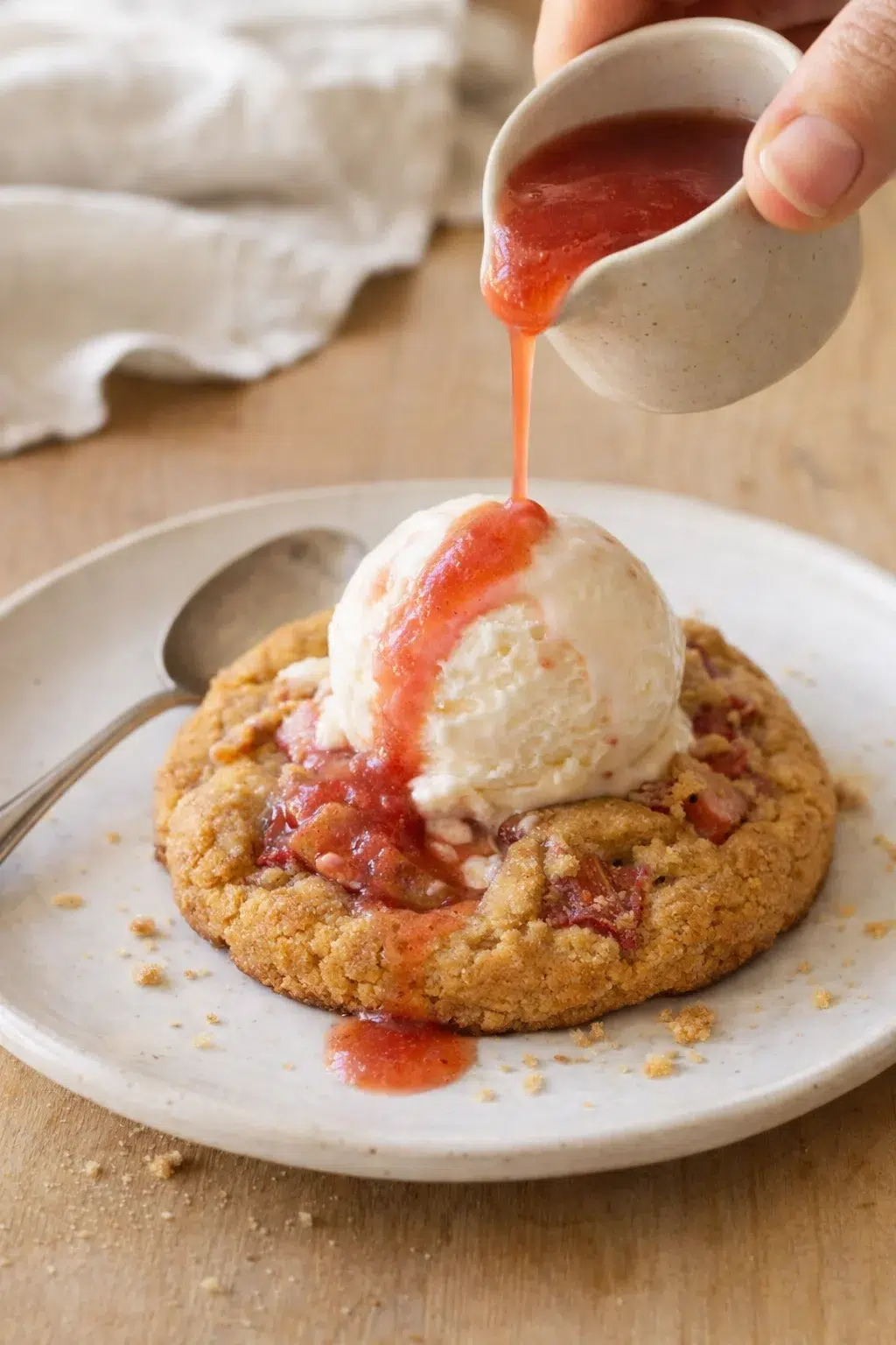 Warm cookie with vanilla ice cream as strawberry sauce pours over it on a plate.