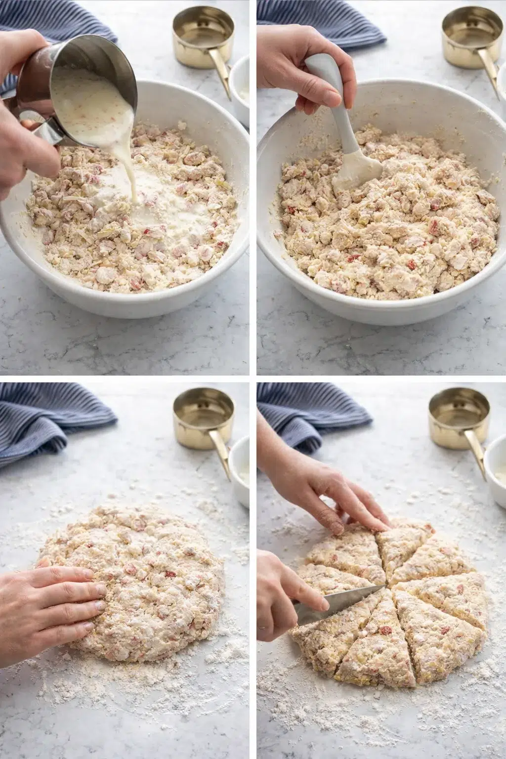 Four-panel collage showing crab-meat dough being mixed, shaped, and cut on a flour-dusted counter.