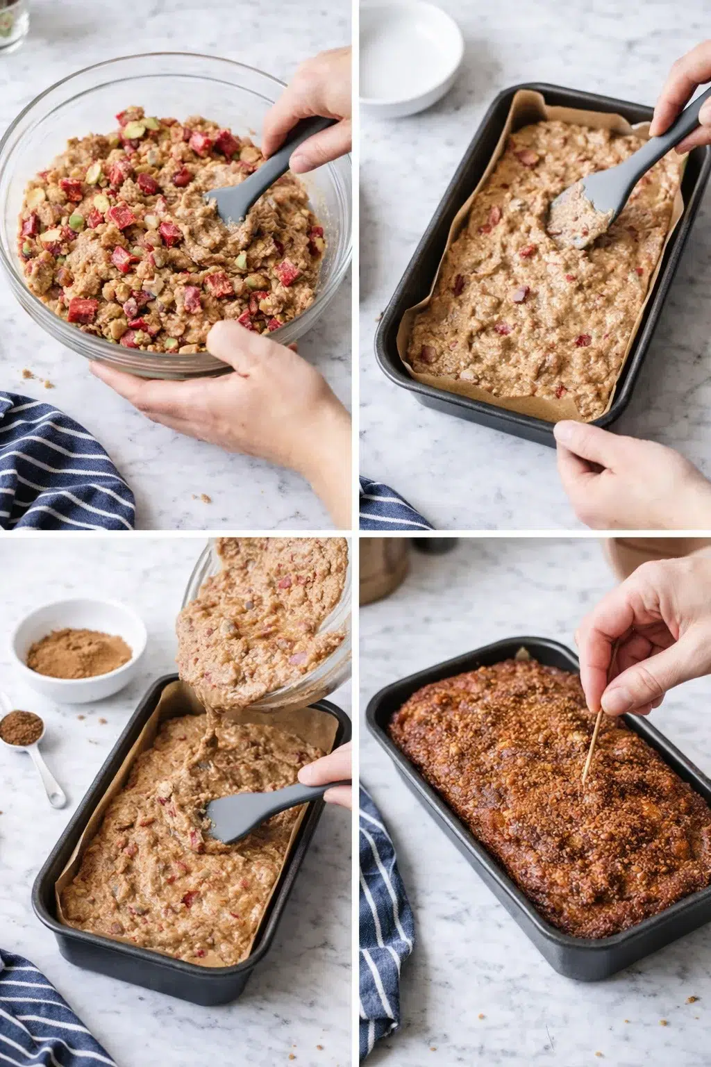 Four-panel collage of cranberry-nut loaf being mixed, poured, and baked.