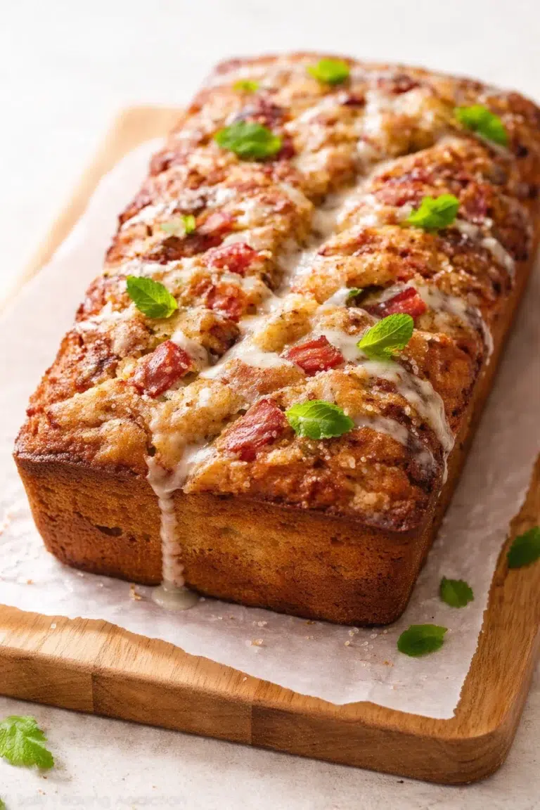 Golden loaf cake with crumbly streusel topping, cranberry pieces, white glaze, and mint garnish on parchment