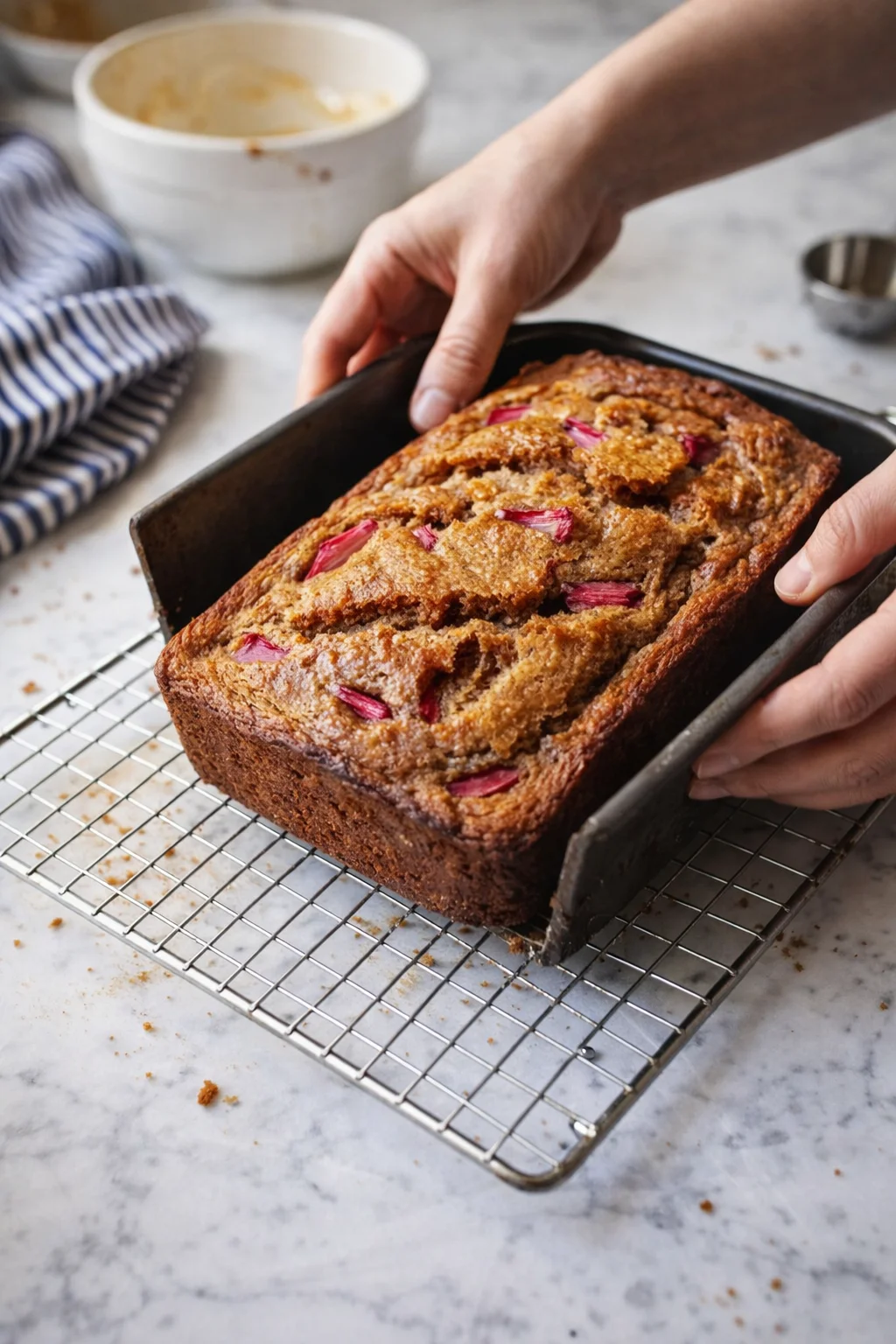 loaf of cranberry-studded-banana-bread cooling on a wire rack with hands lifting the pan