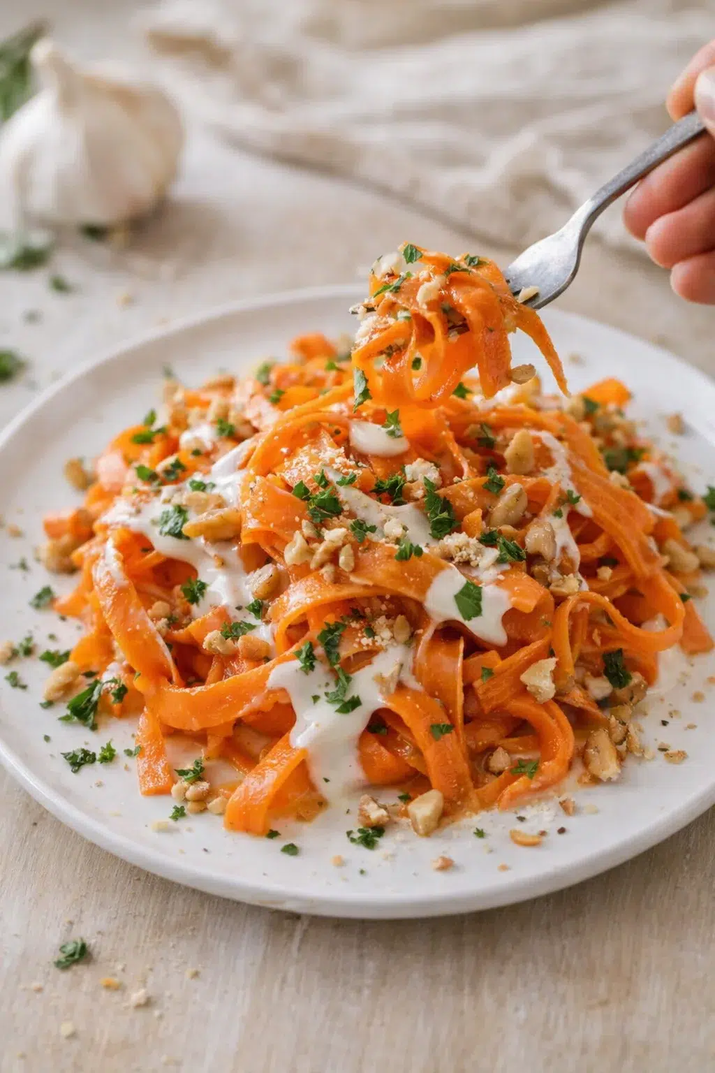 Plate of orange carrot noodles topped with cream sauce, parsley, and nuts.