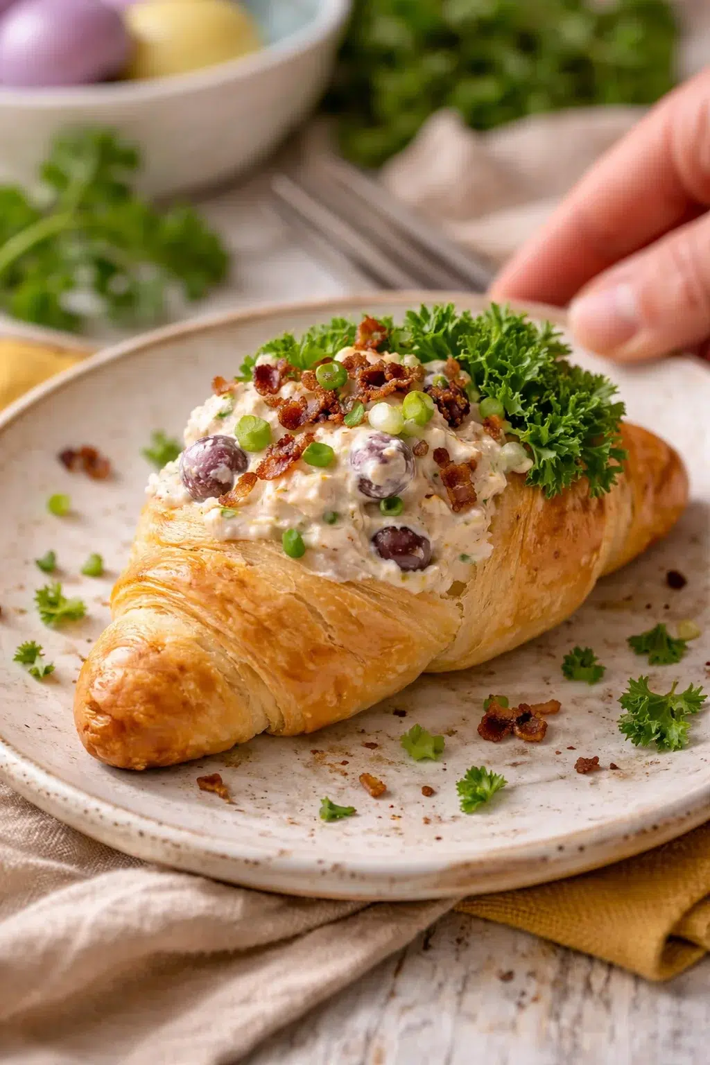 Golden croissant topped with creamy chicken salad, bacon bits, grapes, green onions, and parsley