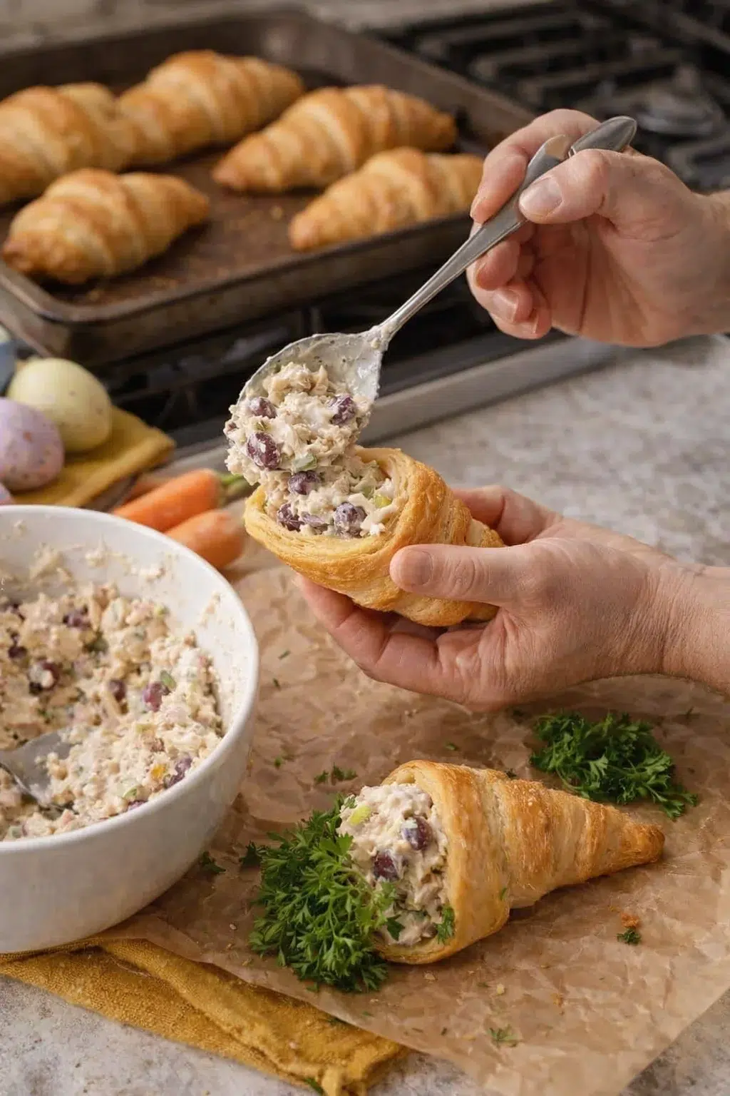 Hands fill flaky croissants with creamy chicken salad on a kitchen counter.