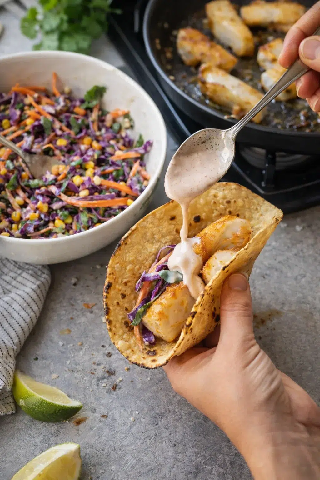 Hands hold a tortilla taco filled with seared fish and purple cabbage slaw, creamy sauce drizzling over the filling.