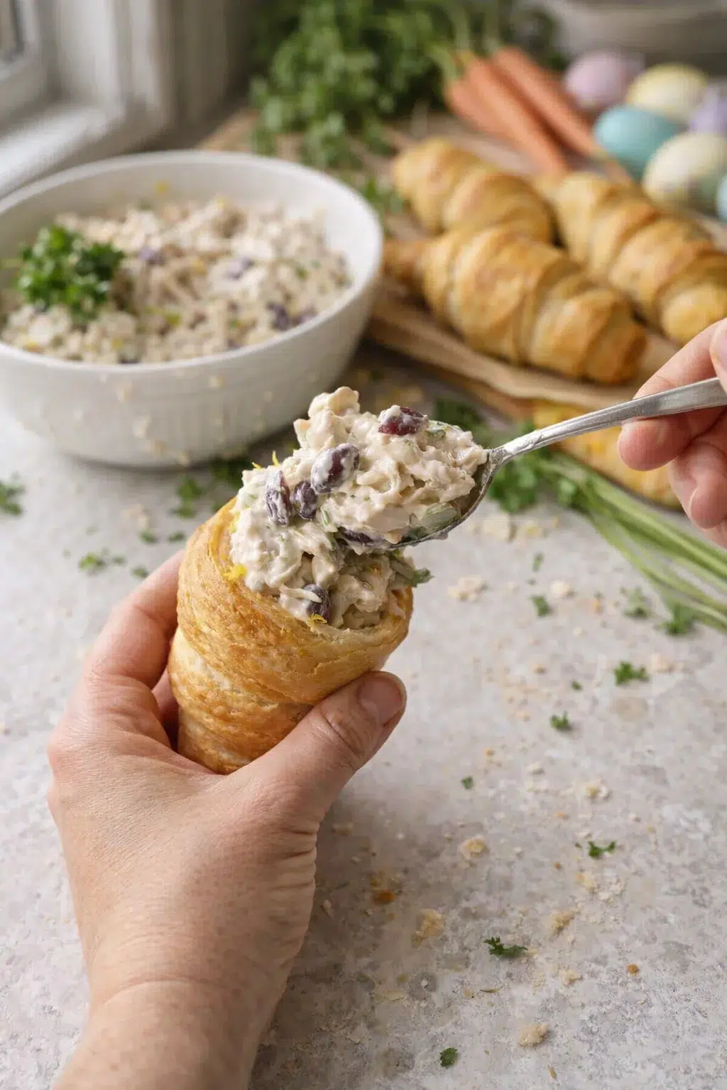 Hands hold a flaky bread roll topped with creamy olive chicken salad; bowl of salad and pastries in background