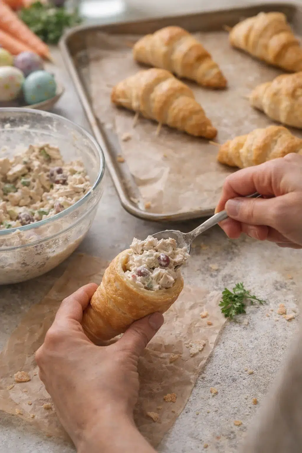 Hands fill a flaky croissant with creamy salad from a glass bowl on a kitchen counter.