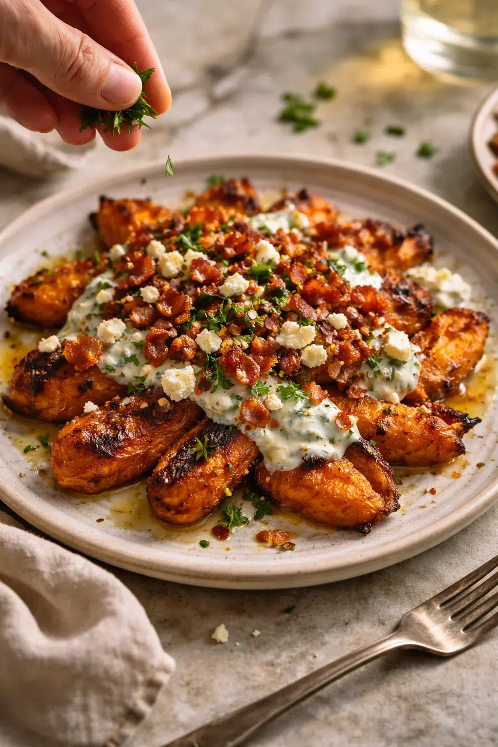 Plate of crispy roasted potatoes topped with herb yogurt, feta, and bacon, garnished with parsley.