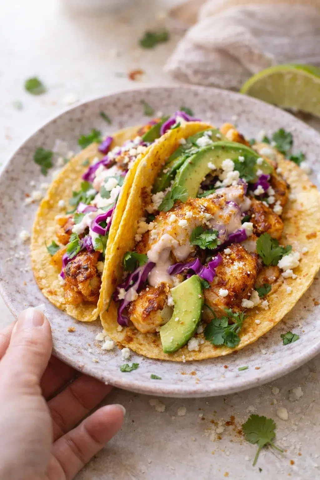 Two soft corn tortillas hold crispy chicken, avocado, purple cabbage, cilantro, and crumbled cheese on a speckled plate.