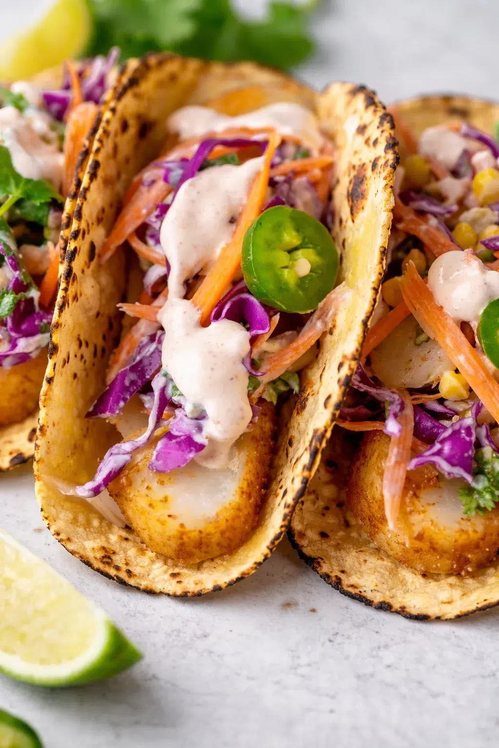 Close-up of two crispy fish tacos with purple cabbage slaw, carrots, jalapeño, and creamy sauce on a light background.