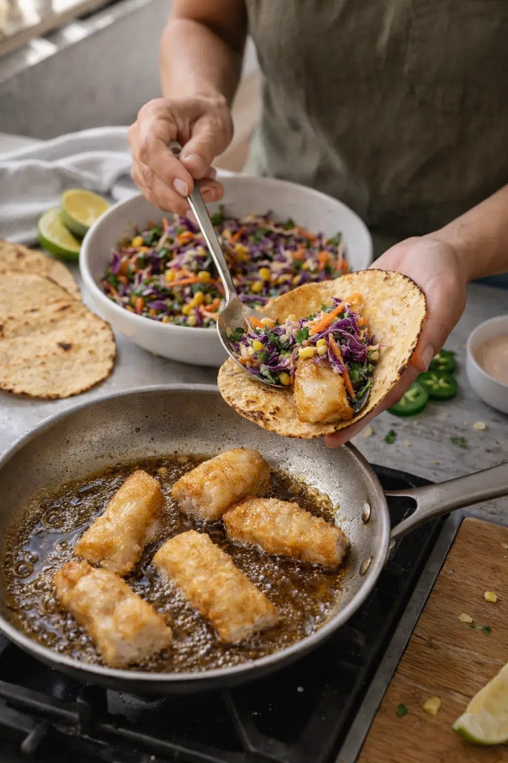 Hands fill a tortilla with crispy fish and colorful purple-yellow slaw.